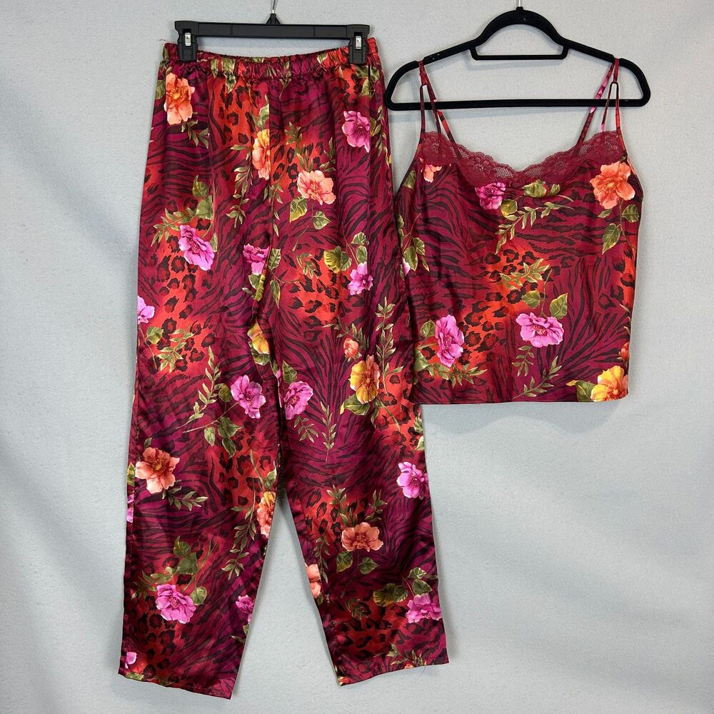 Sophia Delicates 2Pc Satin Pajama Set M Burgundy Floral Animal Print Lace Cami